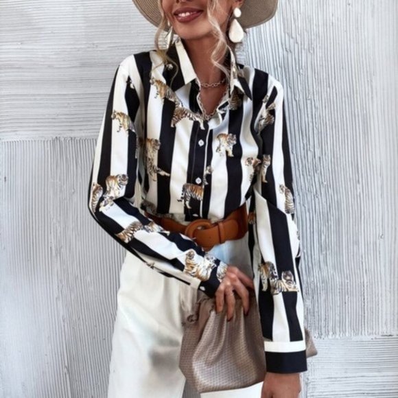 MODA ME COUTURE Tops - Striped & Tiger Print Button Up Blouse